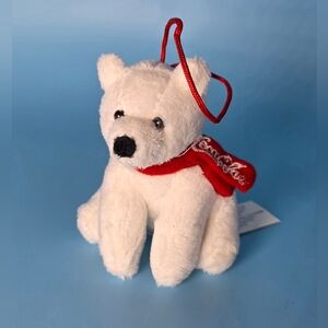 White Coca Cola Plush Bear Christmas Tree Ornament With Red Cord Hanger